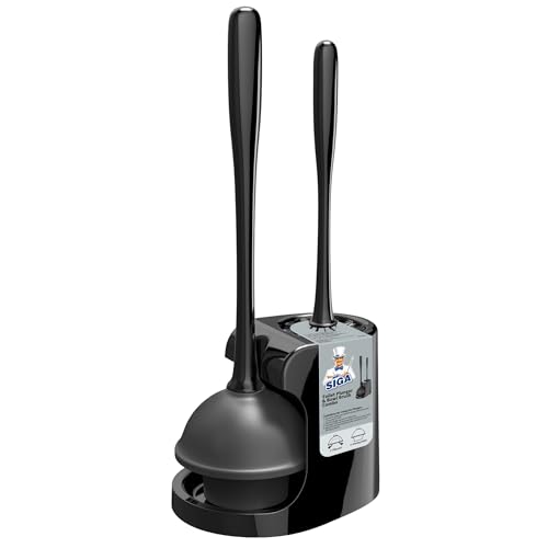 MR.SIGA Toilet Plunger and Bowl Brush Combo for Bathroom Cleaning — 2-in-1 Set with Holder, Heavy Duty, Black