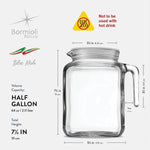 Bormioli Rocco Hermetic Seal Glass Pitcher with Lid and Spout — 68oz / 2 Liter, Frosted Lid, Made in Italy