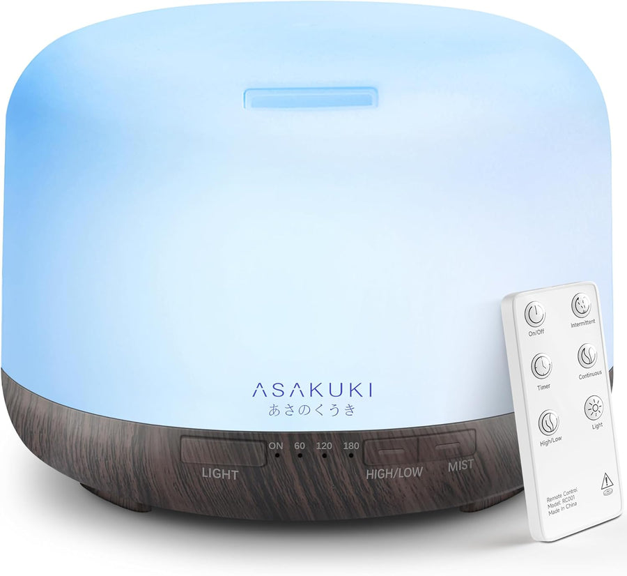 ASAKUKI 500ml Essential Oil Diffuser with Remote Control — 5-in-1 Ultrasonic Aromatherapy Humidifier, 7 LED Colors, Timer & Auto-Off