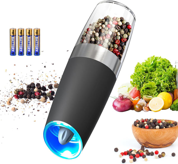 CIRCLE JOY Automatic Electric Salt and Pepper Grinder Set — Gravity Operated, Adjustable Coarseness, LED Light, Battery Operated, Black (2-Pack)