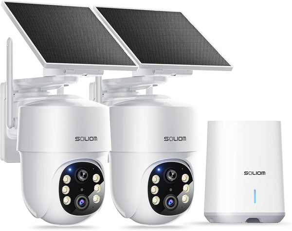 SOLIOM 5MP Wireless Outdoor Security Camera System — 2-Cam Pack, Solar Powered, 360° Auto Tracking, 3K Color Night Vision, No Subscription